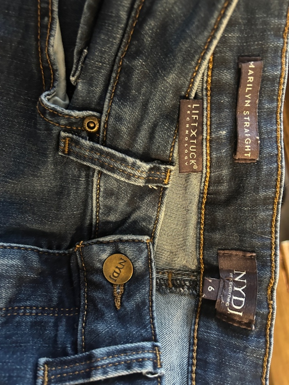 NYDJ Marilyn Straight Jeans in Dark Blue Denim with Contrast Stitching